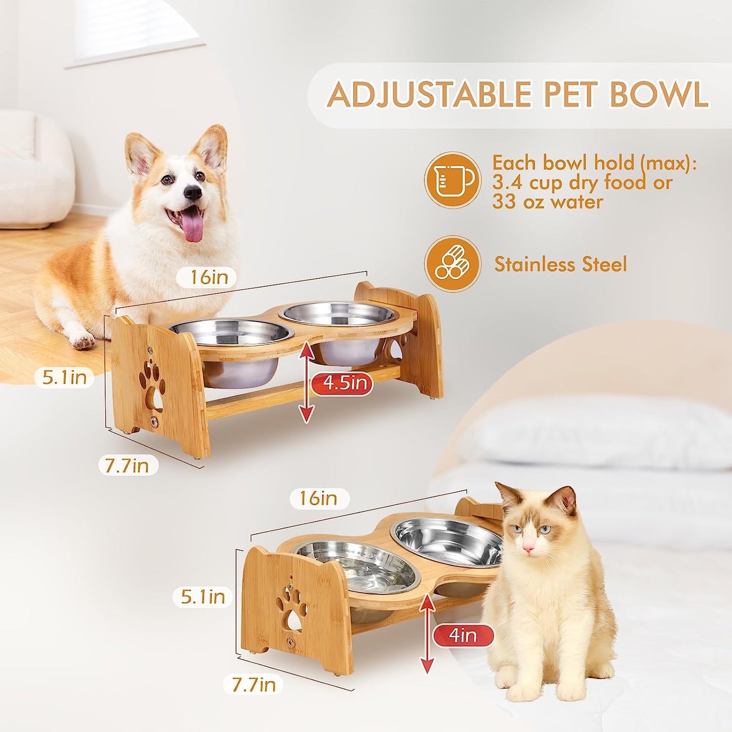 Adjustable Bamboo Raised Dog Bowls