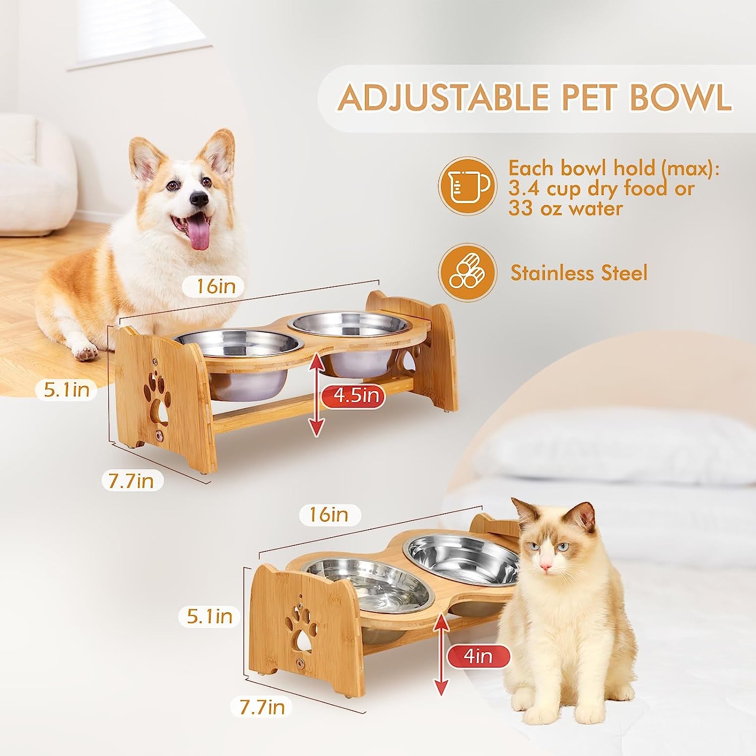 Adjustable Bamboo Raised Dog Bowls