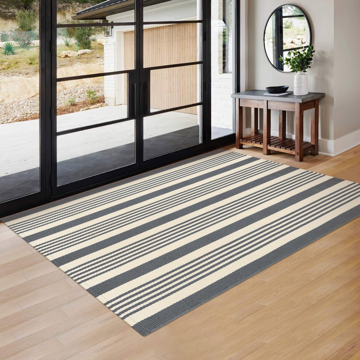 Gray and White Striped Rug